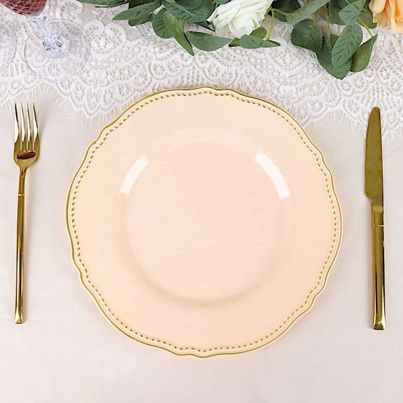 Balsa Circle 10 Nude Round 10" Disposable Plastic Dinner Plates Gold Scalloped Trim Party Events Tableware Decorations