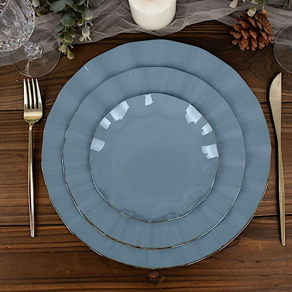 Balsa Circle 10 Ocean Blue 6" Round Disposable Salad Dinner Plastic Plates Gold Wavy Trim Wedding Party Tableware