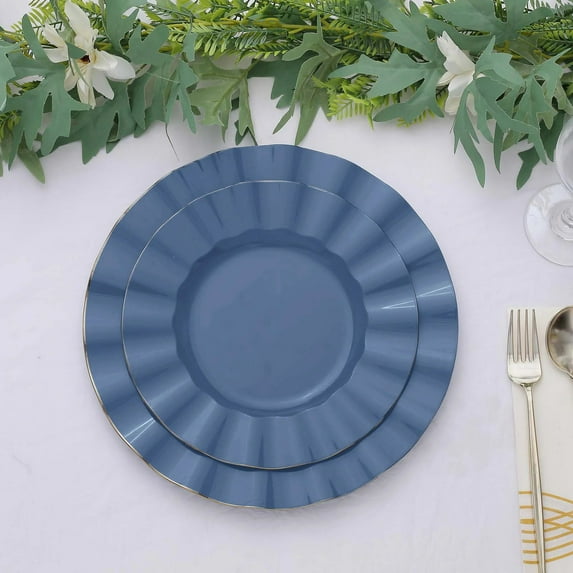 Balsa Circle 10 Ocean Blue 9" Round Disposable Salad Dinner Plastic Plates Gold Wavy Trim Wedding Party Tableware