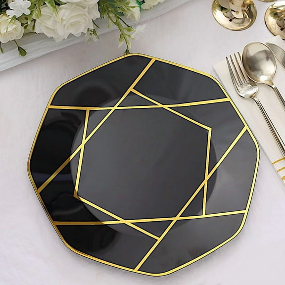 BalsaCircle 10 Octagon 10" Black Disposable Dinner Plastic Plates Gold Geometric Design Event Wedding Party Tableware