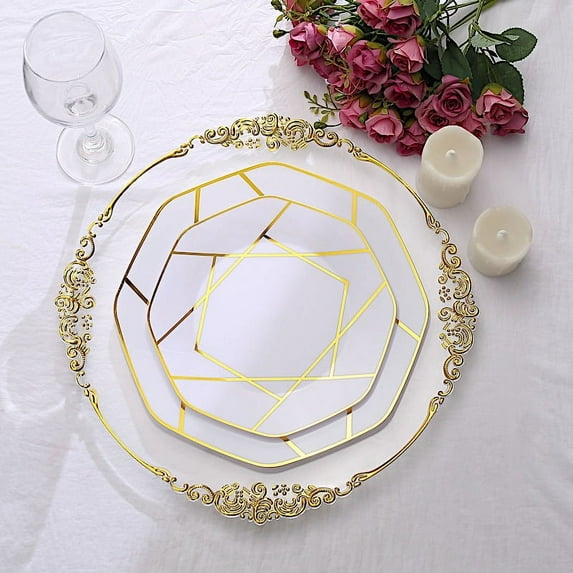 Balsa Circle 10 Octagon 10" White Disposable Dinner Plastic Plates Gold Geometric Design Party Tableware