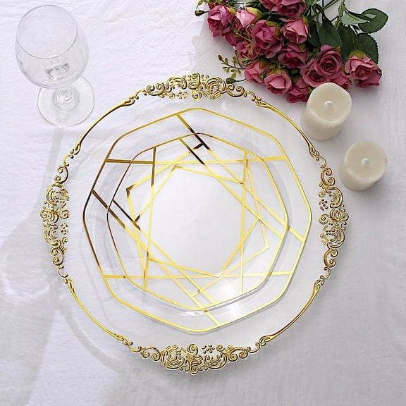 Balsa Circle 10 Octagon 8" Clear Disposable Salad Plastic Plates Gold Geometric Design Event Wedding Party Tableware