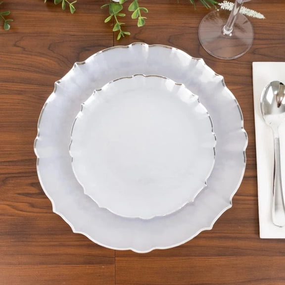 Balsa Circle 10 Pearl White 7" Disposable Plastic Salad Dinner Plates Silver Scalloped Rim Party Events Decorations