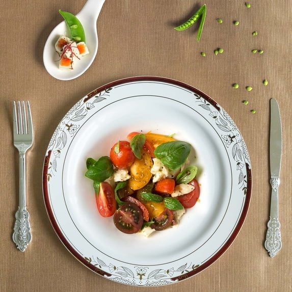 Balsa Circle 10 Pieces 10" White Plastic Salad Plates Red Gold Trim Disposable Tableware