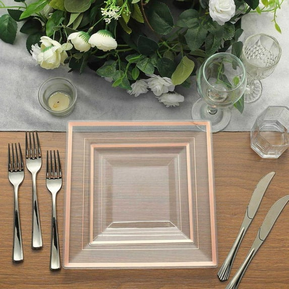 BalsaCircle 10 Pieces 7" Clear Rose Gold Trim Plastic Square Plates Disposable Tableware
