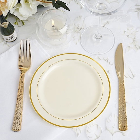Balsa Circle 10 Pieces Disposable Plastic Dessert Plates 6" Ivory Gold Trim