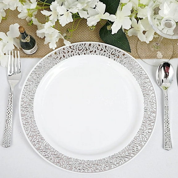 BalsaCircle 10 Pieces Disposable Plastic Round Plates 10" White Silver Trim