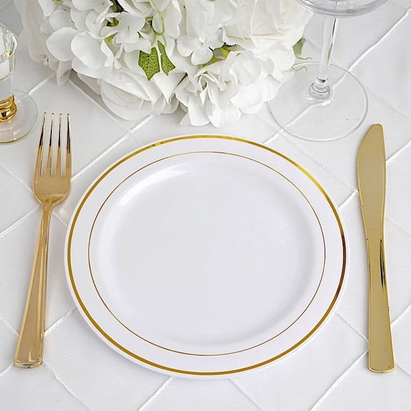 BalsaCircle 10 Pieces Disposable Plastic Round Plates 8" White Gold Trim