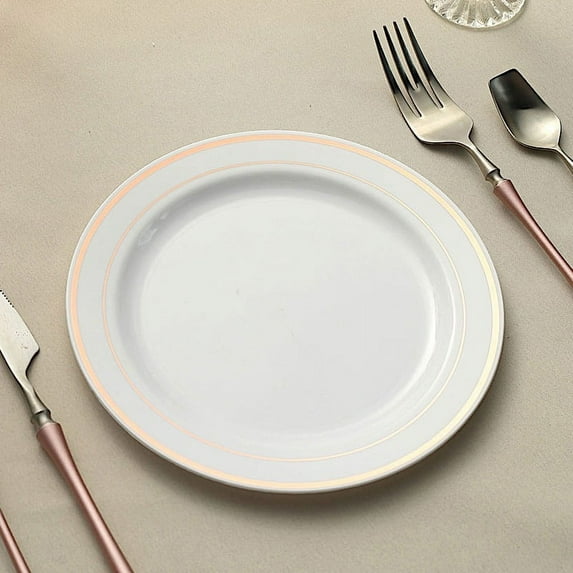 BalsaCircle 10 Pieces Disposable Plastic Round Plates 8" White Rose Gold Trim