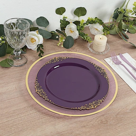 BalsaCircle 10 Purple Round 10" Disposable Plastic Salad Dinner Plates Gold Embossed Baroque Trim Party Events Decorations