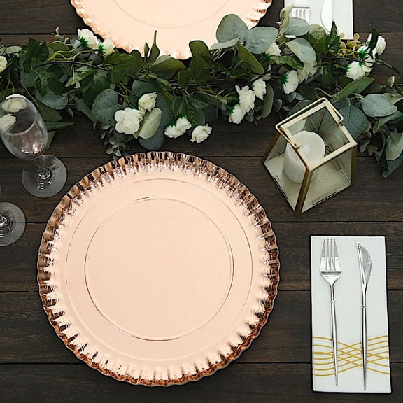 Balsa Circle 10 Rose Gold 13" Round Paper Serving Trays Scalloped Rim Design Disposable Wedding Party Tableware