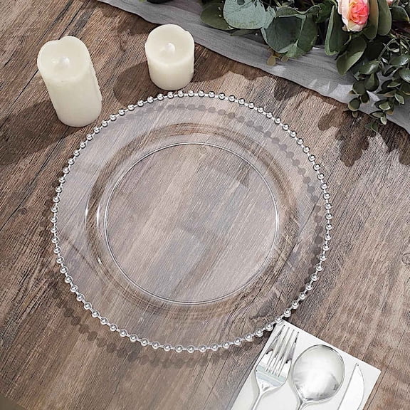 Balsa Circle 10 Round 10" Clear Silver Disposable Plastic Salad Plates Beaded Trim Party Events Home Decorations Supplies
