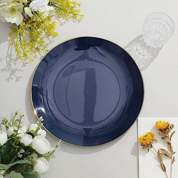 BalsaCircle 10 Round 10" Navy Blue Glossy Disposable Salad Dinner Plastic Plates Gold Trim Party Events Decorations