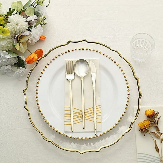 BalsaCircle 10 Round 10" White Gold Disposable Plastic Salad Plates Beaded Trim Party Events Home Decorations Supplies