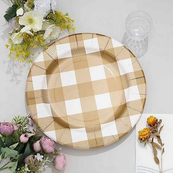 Balsa Circle 10 Round 13" Gold Disposable Paper Charger Plates Buffalo Plaid Wedding Party Tableware Supplies