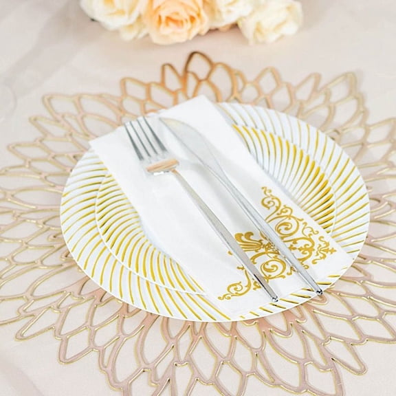 Balsa Circle 10 Round 7" White Gold Disposable Salad Plastic Plates Swirl Design Trim Party Events Decorations Supplies