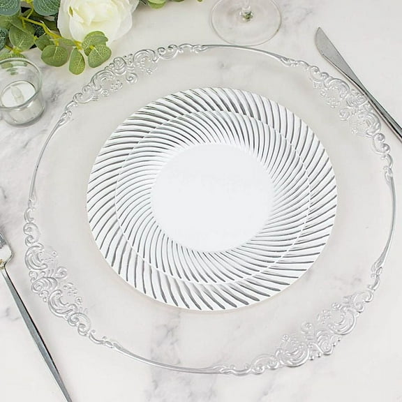 Balsa Circle 10 Round 7" White Silver Disposable Salad Plastic Plates Swirl Design Trim Party Events Decorations Supplies