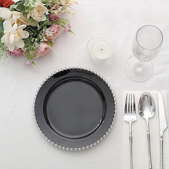 Balsa Circle 10 Round 8" Black Silver Disposable Plastic Salad Plates Beaded Trim Party Events Home Decorations Supplies