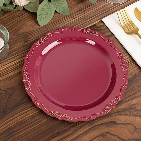 Balsa Circle 10 Round 8" Burgundy Disposable Salad Dinner Plastic Plates Embossed Scalloped Trim Party Events Tableware