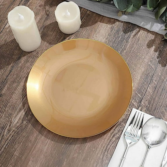 BalsaCircle 10 Round 8" Gold Glossy Disposable Salad Dinner Plastic Plates Gold Trim Party Events Decorations