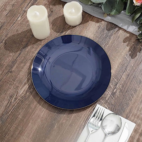 BalsaCircle 10 Round 8" Navy Blue Glossy Disposable Salad Dinner Plastic Plates Gold Trim Party Events Decorations