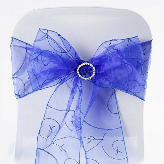 BalsaCircle 10 Royal Blue Fancy Embroidered Sheer Organza Chair Sashes Bows Ties