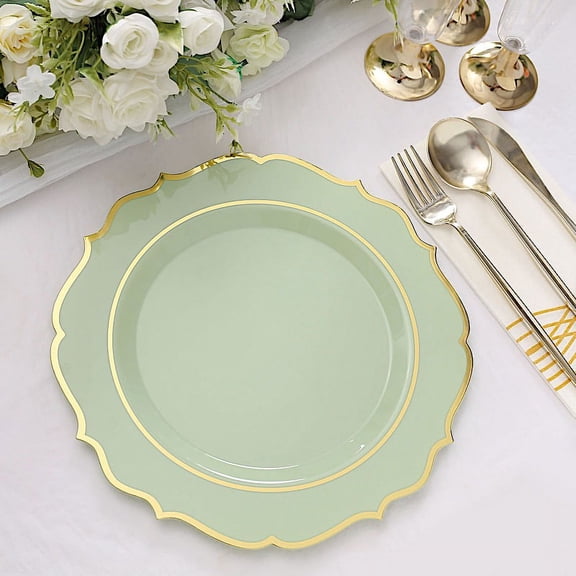 BalsaCircle 10 Sage Green 10.5" Round Plastic Dinner Plates Gold Scalloped Rim