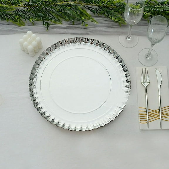 Balsa Circle 10 Silver 13" Round Paper Serving Trays Scalloped Rim Design Disposable Wedding Party Tableware