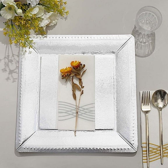 BalsaCircle 10 Square 13" Silver Disposable Paper Charger Plates Leather Like Design Wedding Events Party Tableware