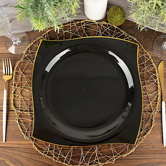 Balsa Circle 10 Square Black 10" Disposable Salad Plastic Plates Wavy Gold Trim Party Events Tableware Decorations