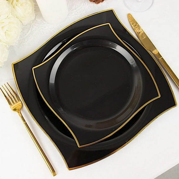 BalsaCircle 10 Square Black 8" Disposable Salad Plastic Plates Wavy Gold Trim Party Events Tableware Decorations