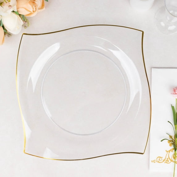 Balsa Circle 10 Square Clear 10" Disposable Salad Plastic Plates Wavy Gold Trim Party Events Tableware Decorations