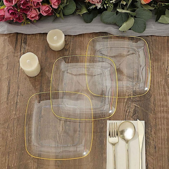 Balsa Circle 10 Square Clear 7" Disposable Salad Dinner Plastic Plates Gold Trim Party Events Decorations Supplies