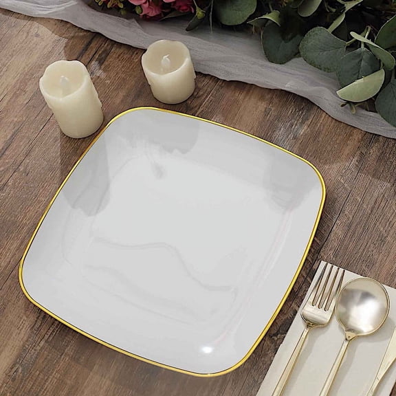 Balsa Circle 10 Square White 10" Disposable Salad Dinner Plastic Plates Gold Trim Party Events Decorations Supplies