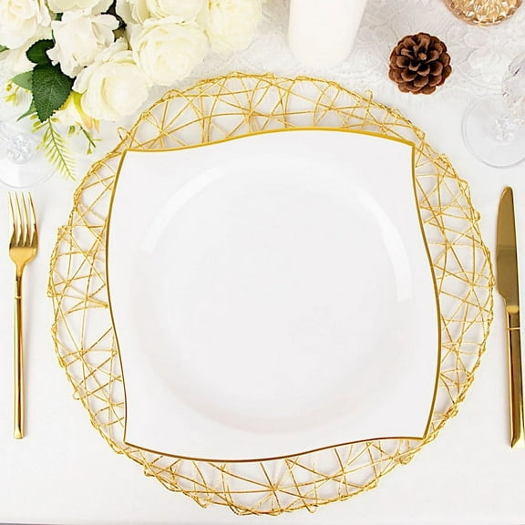 BalsaCircle 10 Square White 10" Disposable Salad Plastic Plates Wavy Gold Trim Party Events Tableware Decorations