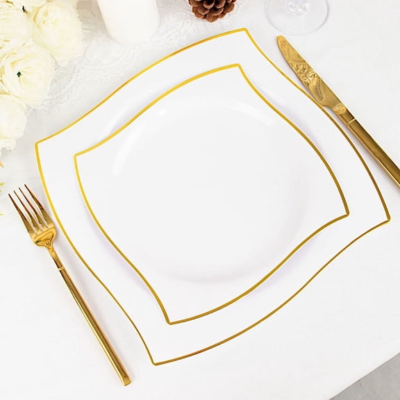 Balsa Circle 10 Square White 8" Disposable Salad Plastic Plates Wavy Gold Trim Party Events Tableware Decorations
