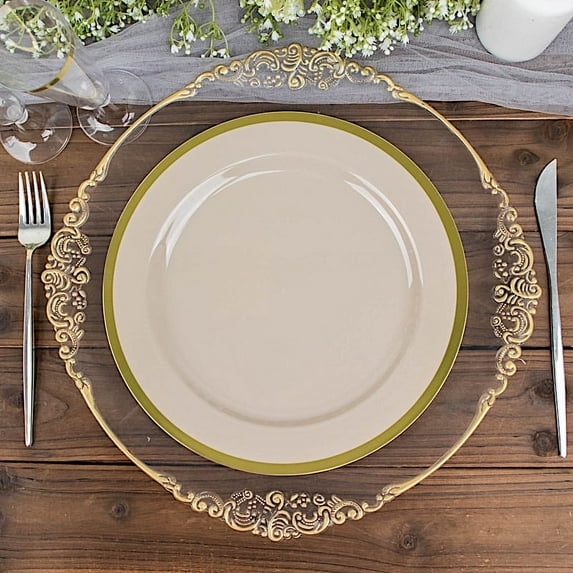 BalsaCircle 10 Taupe 10" Disposable Round Plastic Dinner Plates Gold Rim Party Tableware