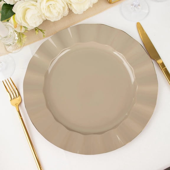 Balsa Circle 10 Taupe 11" Round Disposable Salad Dinner Plastic Plates Gold Wavy Trim Wedding Party Tableware