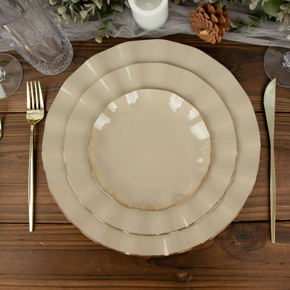 BalsaCircle 10 Taupe 6" Round Disposable Salad Dinner Plastic Plates Gold Wavy Trim Wedding Party Tableware