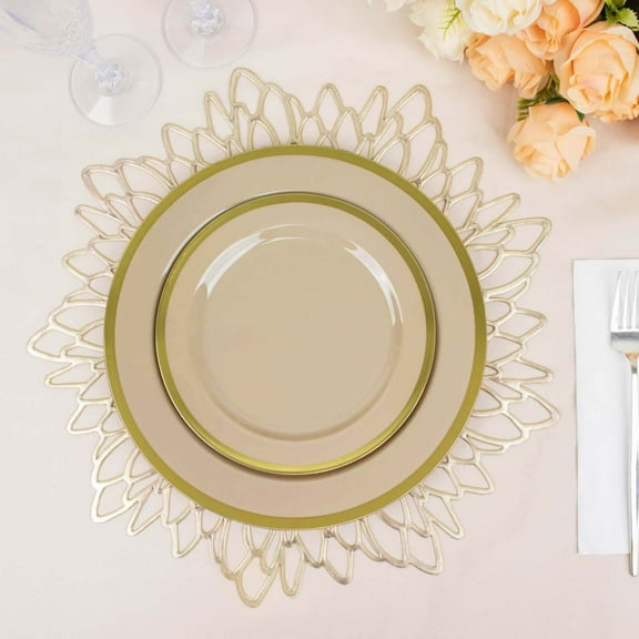Balsa Circle 10 Taupe 7" Disposable Round Plastic Dessert Plates Gold Rim