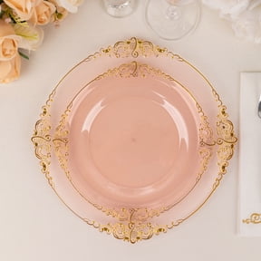 BalsaCircle 10 Transparent Blush Round 8" Disposable Plastic Salad Dinner Plates Gold Embossed Baroque Trim Party Events Decorations