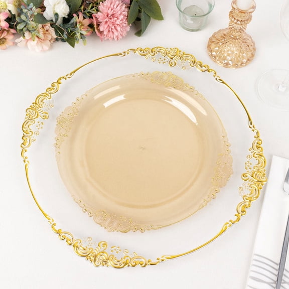 Balsa Circle 10 Transparent Gold Round 10" Disposable Plastic Salad Dinner Plates Gold Embossed Baroque Trim Party Events Decorations