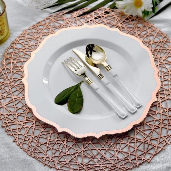 BalsaCircle 10 White 10.5" Round Plastic Dinner Plates Rose Gold Scalloped Rim