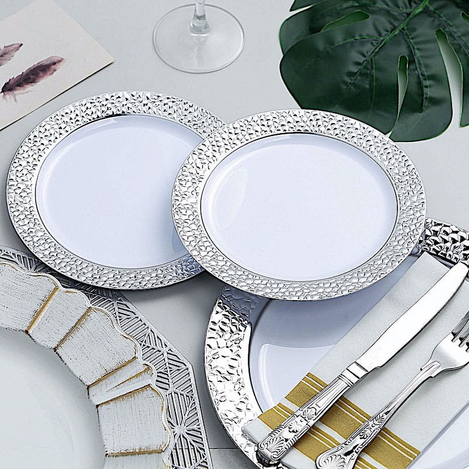 BalsaCircle 10 White 10" Round Plastic Salad Plates Silver Hammered Trim Disposable Tableware - image 1 of 6