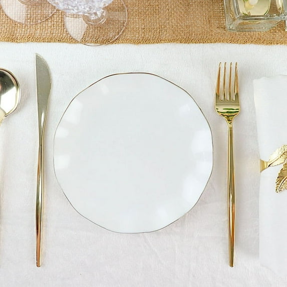 Balsa Circle 10 White 6" Round Disposable Salad Dinner Plastic Plates Gold Wavy Trim Wedding Party Tableware