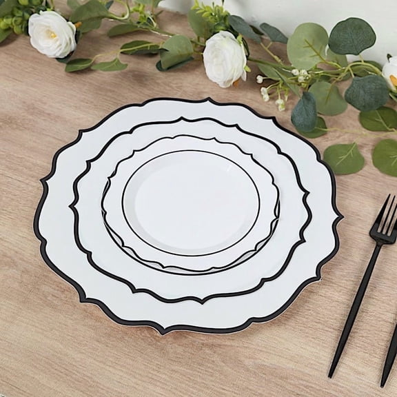 Balsa Circle 10 White 8" Round Plastic Dessert Plates Black Scalloped Rim
