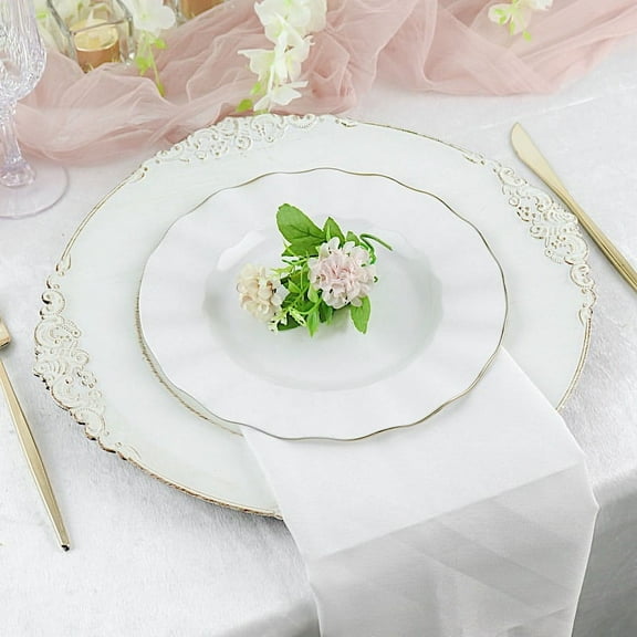 Balsa Circle 10 White 9" Round Disposable Salad Dinner Plastic Plates Gold Wavy Trim Wedding Party Tableware