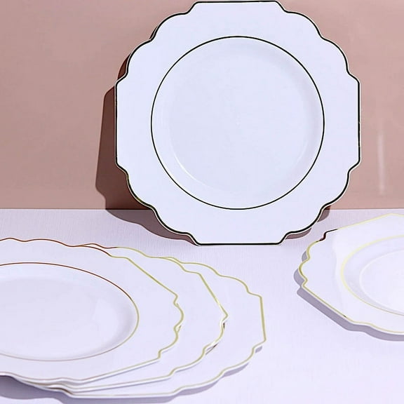 Balsa Circle 10 White Disposable Baroque Plastic 11" Dinner Plates Gold Rim Party Decorations