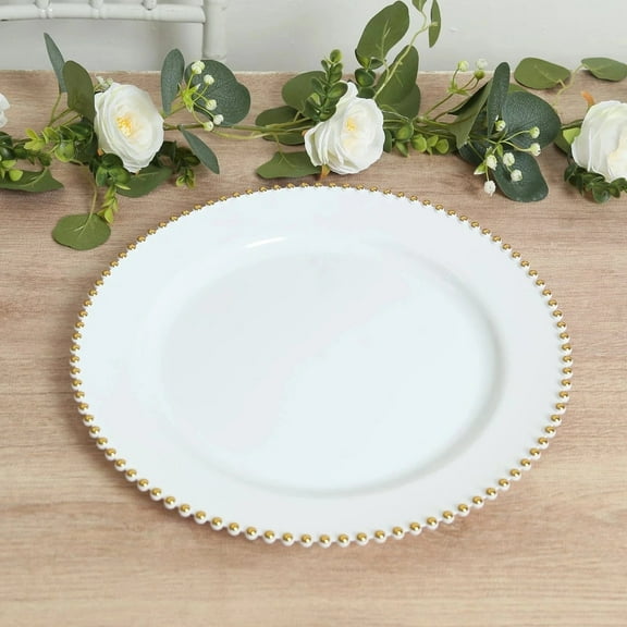 BalsaCircle 10 White Gold 13 in Round Plastic Charger Plates with Beaded Rim Party Tableware Wedding Reception Decorations Supplies