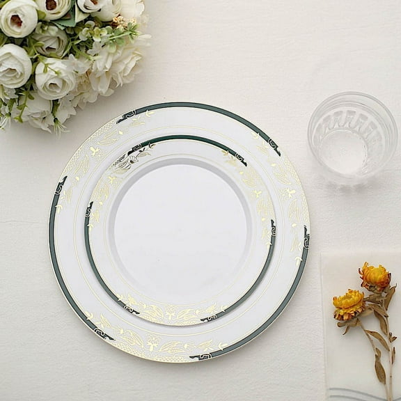 Balsa Circle 10 White Plastic Salad 8" Plates Hunter Green Gold Trim Disposable Tableware